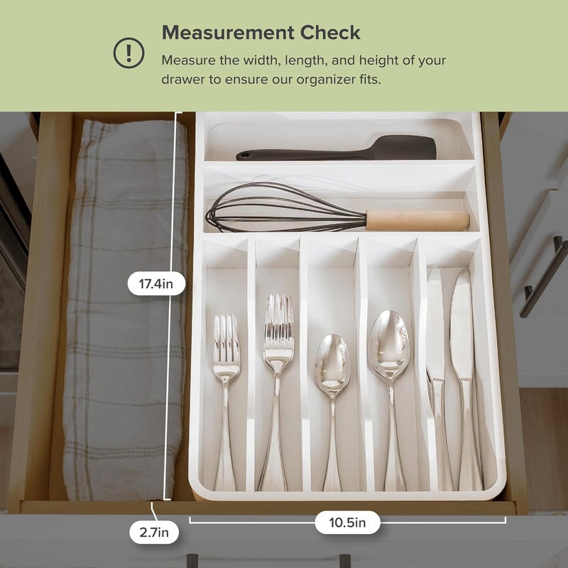KitchenEdge Silverware Organizer - Cutlery, Flatware, and Utensil Holder for Kitchen Drawers, Fixed 10.5” Width, 7 Storage Compartments, Non-Slip Feet, Rounded Corners, 100% Bamboo, White Finish - Image 4